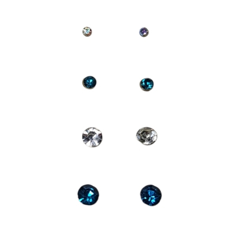 4pc Clear & Turquiose Teal Crystal mini stud earring set